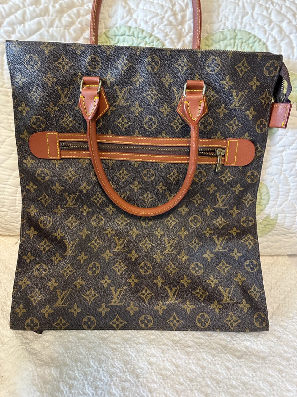 Rare Louis Vuitton Brown Monogram Sac Plat Canvas Tote with Vachetta Trim